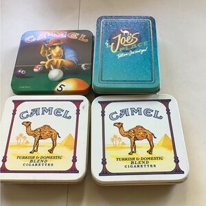 5 piece vintage Joe Camel tins with promo cards. Pool playing, Smokin Joe race